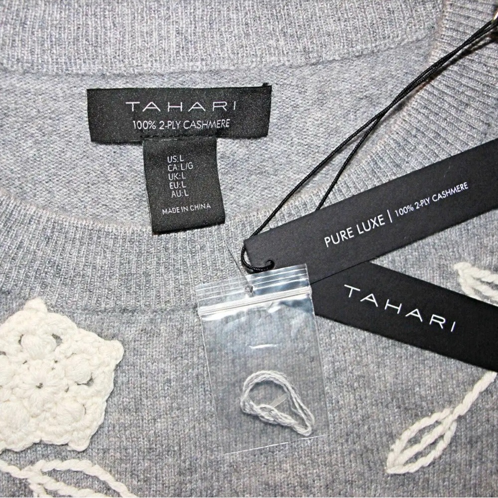 Tahari Embroidered Shoulders 100% 2ply Cashmere Crew Neck Sweater Grey - Picture 5 of 8